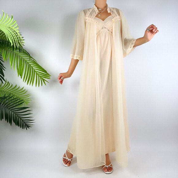 Vintage 60s Cream Lace Cottagecore Nightgown Peignoir Slip Dress & Robe Set / S - Picture 6 of 6